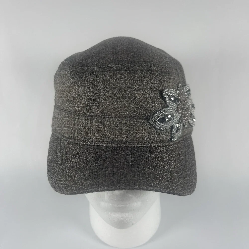 Cadet Hat Cap Women's Gray Embellished Beaded Flower Design Rhinestone Military